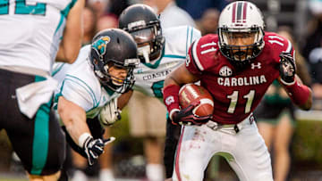 Nov 23, 2013; Columbia, SC, USA; South Carolina Gamecocks wide receiver Pharoh Cooper (11) makes a reception against the Coastal Carolina Chanticleers in the second half at Williams-Brice Stadium. Mandatory Credit: Jeff Blake-USA TODAY