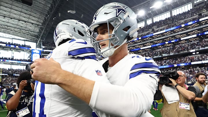 Sep 14, 2025; Arlington, Texas, USA; Dallas Cowboys place kicker Brandon Aubrey (17) with offensive tackle Nate Thomas (71) after the game against the New York Giants at AT&T Stadium. Mandatory Credit: Kevin Jairaj-Imagn Images