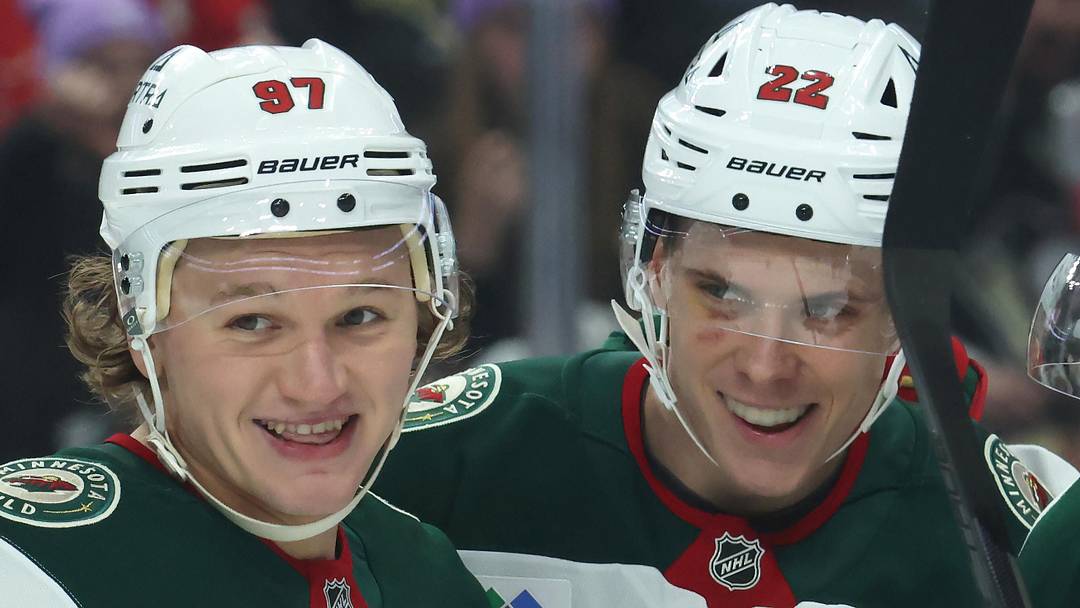 Nov 21, 2025; Pittsburgh, Pennsylvania, USA; Minnesota Wild left wing Kirill Kaprizov (97) celebrates his goal with right wing Danila Yurov (22) and center Mats Zuccarello (36) against the Pittsburgh Penguins during the second period at PPG Paints Arena. Mandatory Credit: Charles LeClaire-Imagn Images
