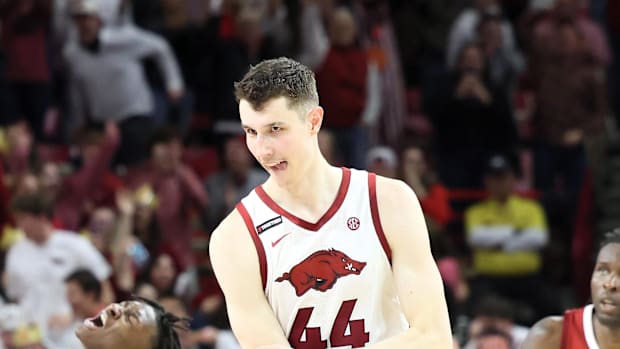 Arkansas Razorbacks forward Zvonimir Ivisic celebrate after a 3-pointer in the second half against the then No. 3 Alabama