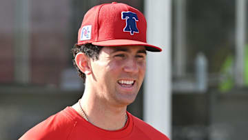 Philadelphia Phillies pitcher Andrew Painter (76) walks onto the field before the start of a spring training workout at Carpenter Complex Mandatory in Clearwater. Fla., on Feb. 12, 2025.