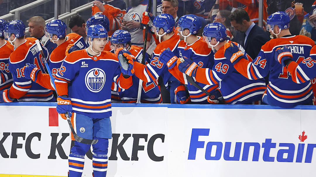 Mar 6, 2026; Edmonton, Alberta, CAN; The Edmonton Oilers celebrate a goal scored by forward Vasily Podkolzin (92) during the second period against the Carolina Hurricanes at Rogers Place. Mandatory Credit: Perry Nelson-Imagn Images