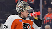 Jan 8, 2024; Philadelphia, Pennsylvania, USA; Philadelphia Flyers goaltender Carter Hart (79) against the Pittsburgh Penguins at Wells Fargo Center. Mandatory Credit: Eric Hartline-Imagn Images