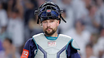 Jul 10, 2025; Bronx, New York, USA; Seattle Mariners catcher Cal Raleigh (29) reacts after losing to the New York Yankees on a tenth inning walkoff at Yankee Stadium. Mandatory Credit: Brad Penner-Imagn Images