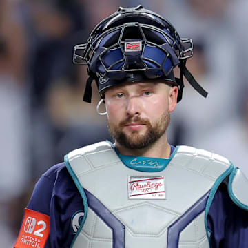 Seattle Mariners catcher Cal Raleigh (29) reacts after losing to the New York Yankees on a tenth inning walkoff at Yankee Stadium. 