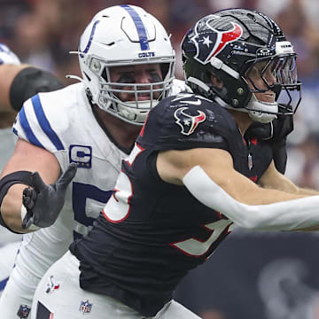 Oct 27, 2024; Houston, Texas, USA; Houston Texans linebacker Jake Hansen (35) attempts to get past Indianapolis Colts guard Quenton Nelson (56) during the game at NRG Stadium. Mandatory Credit: Troy Taormina-Imagn Images