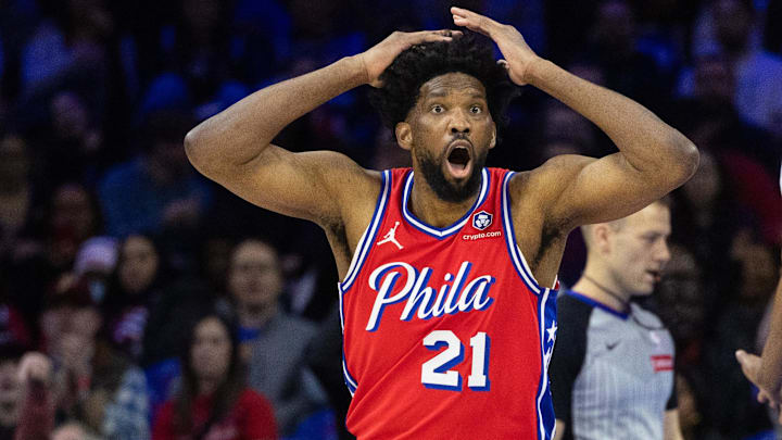 Dec 13, 2024; Philadelphia, Pennsylvania, USA; Philadelphia 76ers center Joel Embiid (21) reacts to a play against the Indiana Pacers during the first quarter at Wells Fargo Center. Mandatory Credit: Bill Streicher-Imagn Images