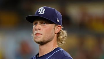Tampa Bay Rays pitcher Shane Baz (11) reacts after giving up a run during the fourth inning against the Athletics at Sutter Health Park. 
