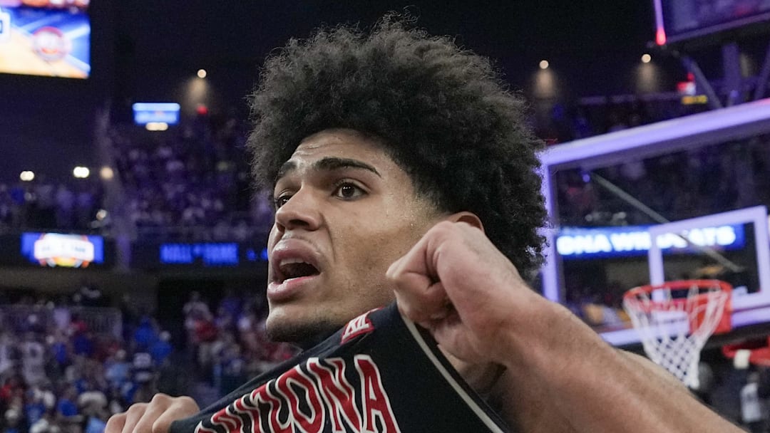 Nov 3, 2025; Las Vegas, NV, USA; Arizona Wildcats forward Koa Peat (10) celebrates defeating the Florida Gators in the Hall of Fame Series game at T-Mobile Arena. Mandatory Credit: Candice Ward-Imagn Images