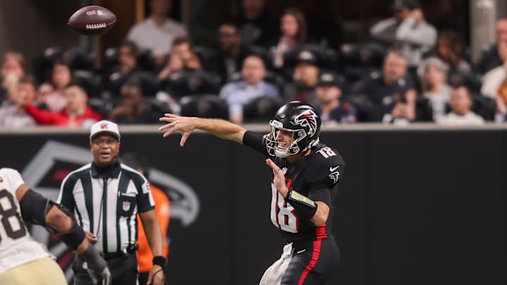 Jan 4, 2026; Atlanta, Georgia, USA; Atlanta Falcons quarterback Kirk Cousins (18) throws a pass against the New Orleans Saints in the fourth quarter at Mercedes-Benz Stadium. Mandatory Credit: Brett Davis-Imagn Images
