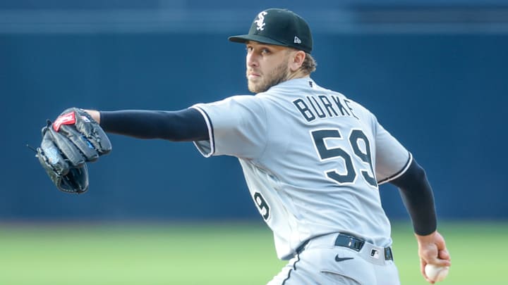 May 2, 2026; San Diego, California, USA; Chicago White Sox starting pitcher Sean Burke (59) throws a pitch during the first inning against the San Diego Padres at Petco Park. Mandatory Credit: David Frerker-Imagn Images