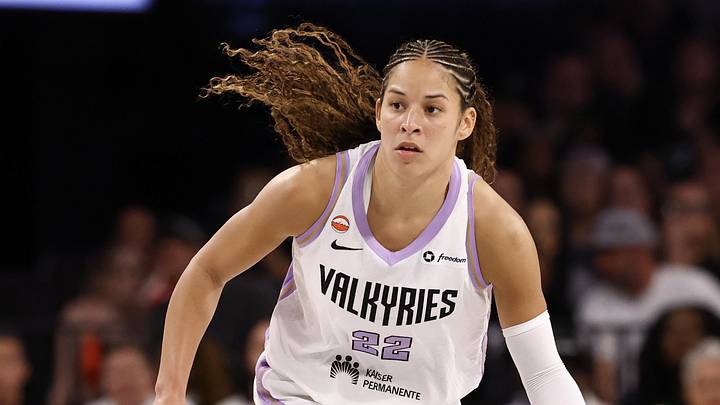Jun 6, 2026; Las Vegas, Nevada, USA; Golden State Valkyries guard Veronica Burton (22) handles the ball against the Las Vegas Aces at Michelob Ultra Arena. Mandatory Credit: Boz Bloom-Imagn Images