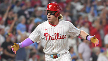 Aug 4, 2025; Philadelphia, Pennsylvania, USA; Philadelphia Phillies outfielder Harrison Bader (2) reacts after hitting a 3-run home run during the sixth inning against the Baltimore Orioles at Citizens Bank Park. Mandatory Credit: Eric Hartline-Imagn Images