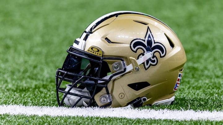 Jan 7, 2024; New Orleans, Louisiana, USA; Detailed view of the New Orleans Saints helmet during warmups against the Atlanta Falcons at Caesars Superdome. Mandatory Credit: Stephen Lew-USA TODAY Sports