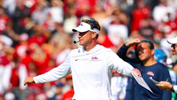 Oct 25, 2025; Norman, Oklahoma, USA;  Ole Miss Rebels head coach Lane Kiffin during the game against the Oklahoma Sooners at Gaylord Family-Oklahoma Memorial Stadium. Mandatory Credit: Kevin Jairaj-Imagn Images