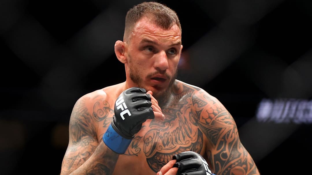 Apr 13, 2024; Las Vegas, Nevada, USA; Renato Moicano during UFC 300 at T-Mobile Arena.
