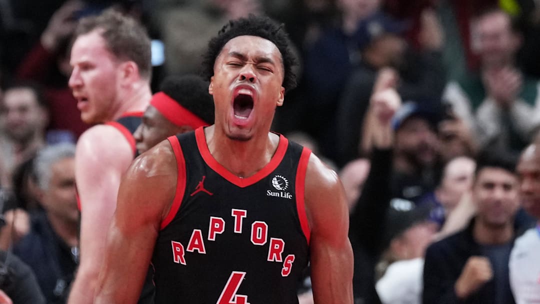Nov 26, 2025; Toronto, Ontario, CAN; Toronto Raptors forward Scottie Barnes (4) celebrates the win against the Indiana Pacers at the end the fourth quarter at Scotiabank Arena. Mandatory Credit: Nick Turchiaro-Imagn Images