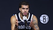 Sep 23, 2025; Brooklyn, NY, USA;  Brooklyn Nets forward Michael Porter Jr. (17) speaks at Media Day. Mandatory Credit: Wendell Cruz-Imagn Images