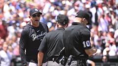 Jul 2, 2023; St. Louis, Missouri, USA; New York Yankees manager Aaron Boone (17) argues with umpire.