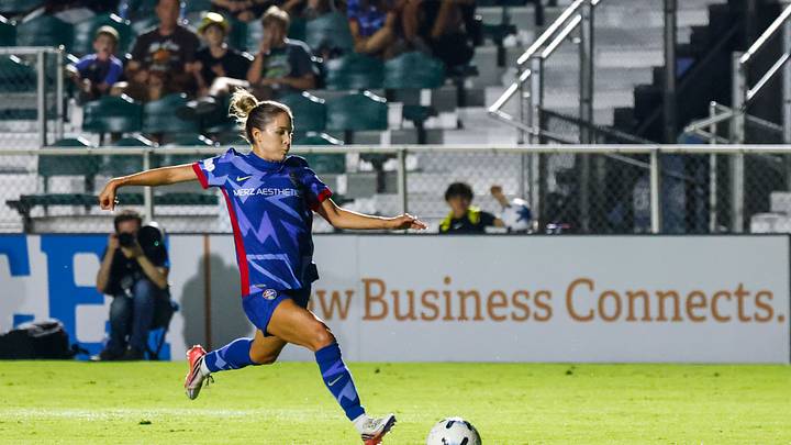 Aug 26, 2026; Cary, North Carolina, USA;  North Carolina Courage midfielder Ashley Sanchez (2) scores a goal during the second half against Angel City FC at First Horizon Stadium at WakeMed Soccer Park.  Mandatory Credit: Jaylynn Nash-Imagn Images