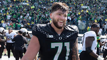New Oregon right tackle Alex Harkey is a transfer from Texas State, 6-6, 327/