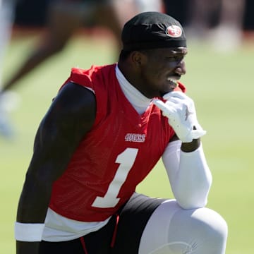 Jul 26, 2024; Santa Clara, CA, USA; San Francisco 49ers wide receiver Deebo Samuel (1) pauses during drills on Day 4 of training camp at SAP Performance Facility. Mandatory Credit: D. Ross Cameron-Imagn Images