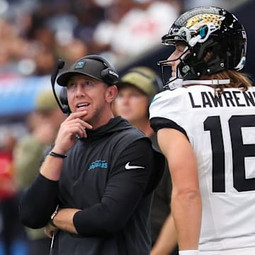 Nov 9, 2025; Houston, Texas, USA; Jacksonville Jaguars head coach Liam Coen on the sidelines coaches against the Houston Texans in the first half at NRG Stadium. Mandatory Credit: Thomas Shea-Imagn Images