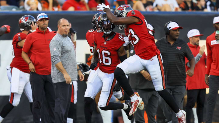 Aug 10, 2024; Cincinnati, Ohio, USA; Tampa Bay Buccaneers cornerback Keenan Isaac (16) reacts after intercepting the ball in the first half against the Cincinnati Bengals at Paycor Stadium. Mandatory Credit: Katie Stratman-USA TODAY Sports