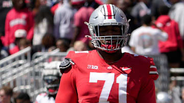 April 13, 2024; Columbus, Ohio, USA; 
Ohio State Buckeyes offensive tackle Josh Simmons (71) competes during the first half of the LifeSports spring football game at Ohio Stadium on Saturday.