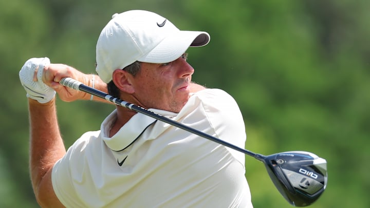 Rory McIlroy tees off during the final round of the 2025 PGA Championship at Quail Hollow Club