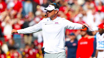 Oct 25, 2025; Norman, Oklahoma, USA;  Ole Miss Rebels head coach Lane Kiffin during the game against the Oklahoma Sooners at Gaylord Family-Oklahoma Memorial Stadium. Mandatory Credit: Kevin Jairaj-Imagn Images