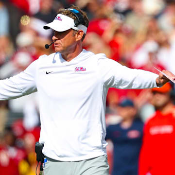 Oct 25, 2025; Norman, Oklahoma, USA;  Ole Miss Rebels head coach Lane Kiffin during the game against the Oklahoma Sooners at Gaylord Family-Oklahoma Memorial Stadium. Mandatory Credit: Kevin Jairaj-Imagn Images