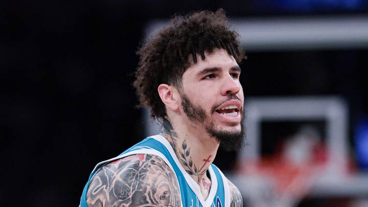 Apr 12, 2026; New York, New York, USA; Charlotte Hornets guard LaMelo Ball (1) reacts after a basket against the New York Knicks during the first half at Madison Square Garden. Mandatory Credit: Vincent Carchietta-Imagn Images