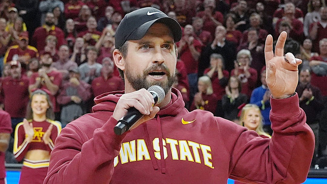 Iowa State football coach Jimmy Rogers speaks during a timeout in the first half in the Iowa State and Iowa men’s basketball Cy-Hawk series at Hilton coliseum on Dec. 11, 2025, in Ames, Iowa.