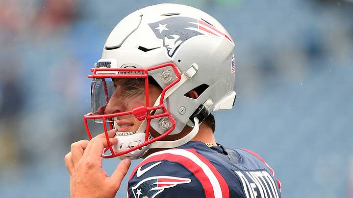 Sep 7, 2025; Foxborough, Massachusetts, USA; New England Patriots quarterback Tommy DeVito (16) practices before the game against the Las Vegas Raiders at Gillette Stadium. Mandatory Credit: Bob DeChiara-Imagn Images