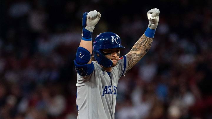 Sep 11, 2026; Boston, Massachusetts, USA; Kansas City Royals catcher Carter Jensen (22) celebrates after hitting a double during the first inning against the Boston Red Sox at Fenway Park. Mandatory Credit: Natalie Reid-Imagn Images