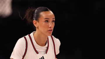 Apr 1, 2025; Brooklyn, NY, USA; McDonald's All American West guard Jazzy Davidson (6) dribbles the ball during the first half of the game against McDonald's All American East at Barclays Center. Mandatory Credit: Pamela Smith-Imagn Images