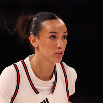 Apr 1, 2025; Brooklyn, NY, USA; McDonald's All American West guard Jazzy Davidson (6) dribbles the ball during the first half of the game against McDonald's All American East at Barclays Center. Mandatory Credit: Pamela Smith-Imagn Images