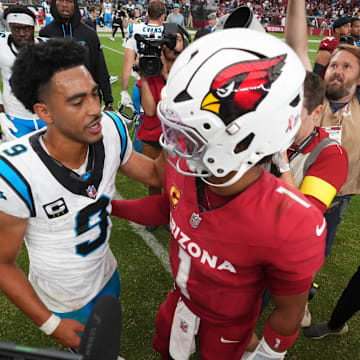 Arizona Cardinals quarterback Kyler Murray (1) greets Carolina Panthers quarterback Bryce Young (9) after Arizona's 27-22 win at State Farm Stadium on Sept 14, 2025.