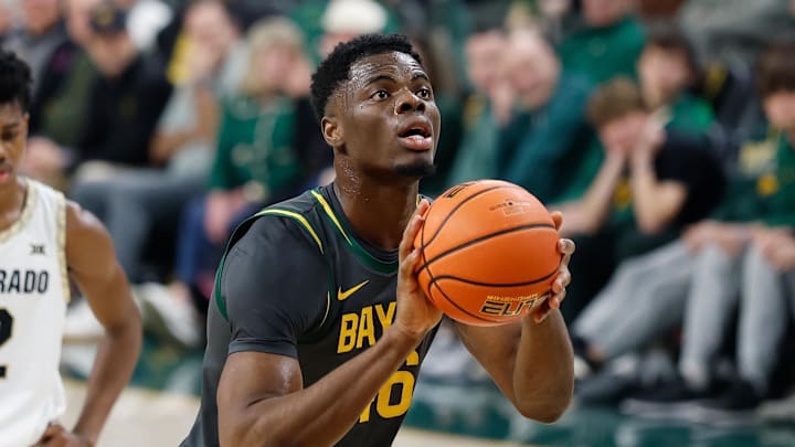 Feb 4, 2026; Waco, Texas, USA;  Baylor Bears center James Nnaji (46) shoots a free throw during the second half  against the Colorado Buffaloes at Paul and Alejandra Foster Pavilion. Mandatory Credit: Chris Jones-Imagn Images