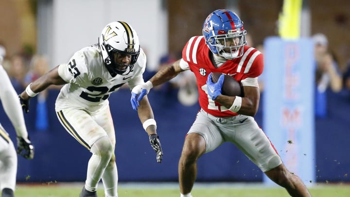 Oct 28, 2023; Oxford, Mississippi, USA; Mississippi Rebels wide receiver Jordan Watkins (11) runs after a catch during the second half against the Vanderbilt Commodores at Vaught-Hemingway Stadium. Mandatory Credit: Petre Thomas-USA TODAY Sports