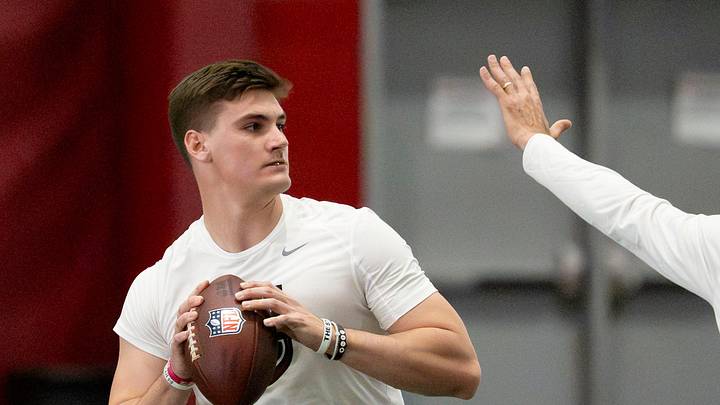 March 25, 2026; Tuscaloosa, AL, USA; Quarterback Ty Simpson throws during Pro Day in the Hank Crisp Indoor Practice Facility at the University of Alabama.