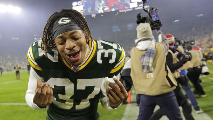 Green Bay Packers cornerback Corey Valentine celebrates after a victory over the Chicago Bears.