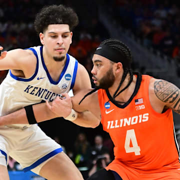 Mar 23, 2025; Milwaukee, WI, USA;  Illinois Fighting Illini guard Kylan Boswell (4) dribbles against Kentucky Wildcats guard Koby Brea (4) during the first half in the second round of the NCAA Tournament at Fiserv Forum. Mandatory Credit: Benny Sieu-Imagn Images