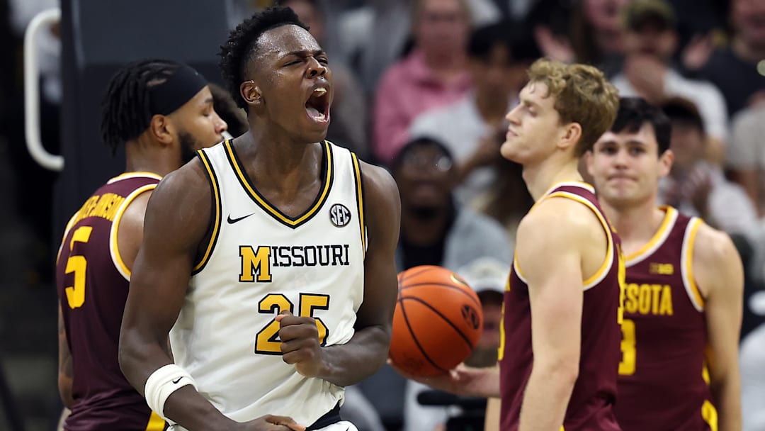 Missouri Tigers forward Mark Mitchell (25) celebrates after a bucket in a game versus the Minnesota Golden Gophers this season.