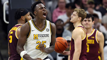 Missouri Tigers forward Mark Mitchell (25) celebrates after a bucket in a game versus the Minnesota Golden Gophers this season.