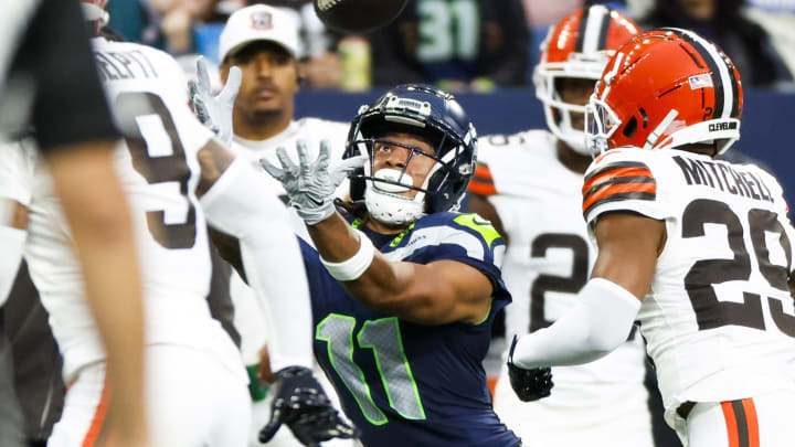 Aug 24, 2024; Seattle, Washington, USA; Seattle Seahawks wide receiver Jaxon Smith-Njigba (11) catches a pass against the Cleveland Browns during the first quarter at Lumen Field. Mandatory Credit: Joe Nicholson-USA TODAY Sports