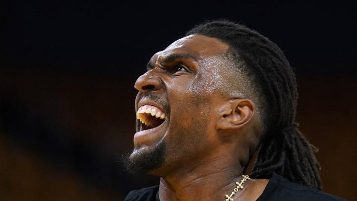 May 12, 2025; San Francisco, California, USA; Golden State Warriors forward Kevon Looney (5) stands on the court during warmups against the Minnesota Timberwolves during game four of the second round for the 2025 NBA Playoffs at Chase Center. Mandatory Credit: Cary Edmondson-Imagn Images