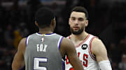 Mar 15, 2023; Chicago, Illinois, USA; Sacramento Kings guard De'Aaron Fox (5) and Chicago Bulls guard Zach LaVine (8) talk after the game at the United Center. Mandatory Credit: Matt Marton-Imagn Images