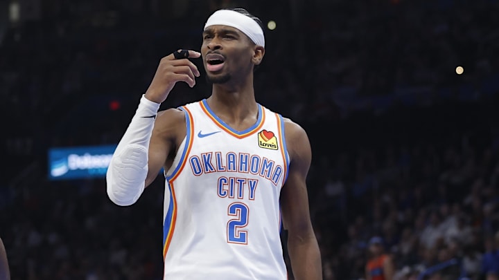 Dec 28, 2025; Oklahoma City, Oklahoma, USA; Oklahoma City Thunder guard Shai Gilgeous-Alexander (2) reacts after a play against the Philadelphia 76ers during the second quarter at Paycom Center. Mandatory Credit: Alonzo Adams-Imagn Images